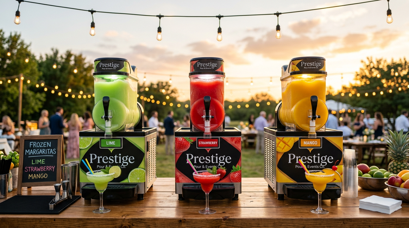 Prestige Pour frozen margarita machines set up at an event